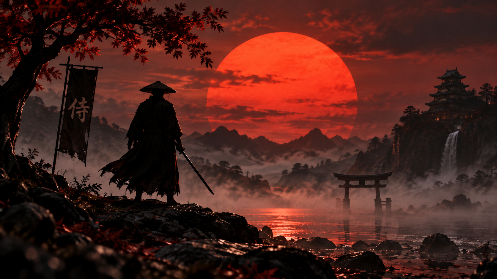 Musashi standing before a red sun in traditional samurai attire